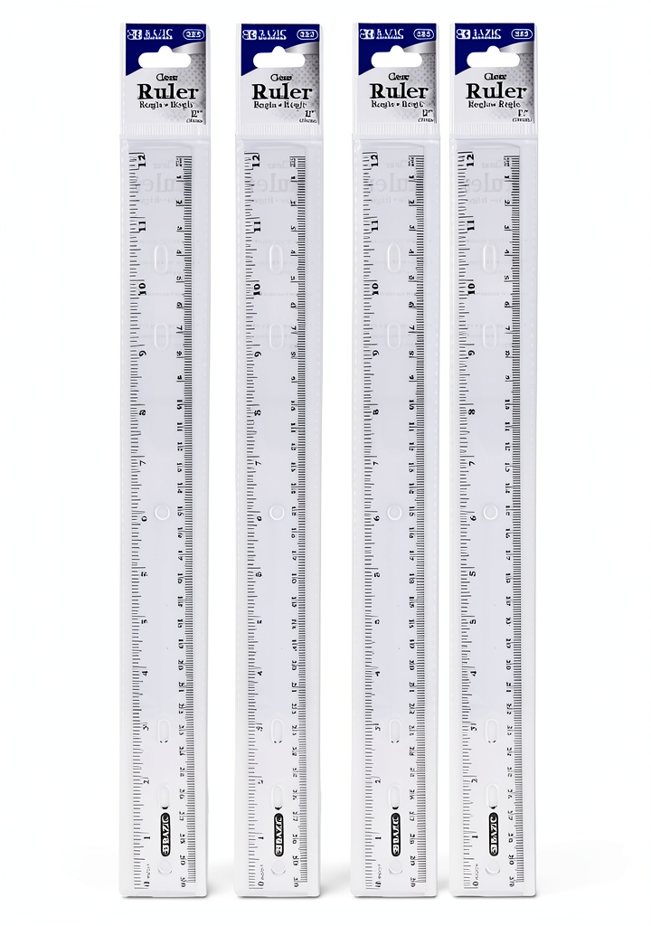 BAZIC clear plastic ruler showing dual side measurements on a notebook