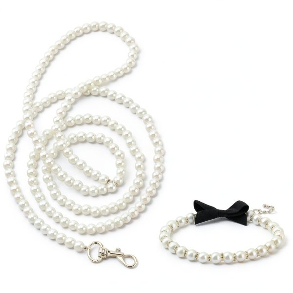 MAYJOYDIY White Pearl Necklace Collar and Beaded Leash for Dog Pet Cat Set, 47.2 inch Beaded Pet Chew-Proof Leash Extension with Alloy Clasp for Small Medium and Large Dogs Pet Supplies-1