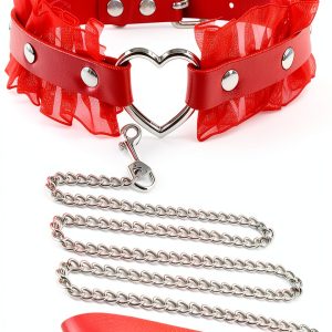 Heart Charm and Lace Edge Red Collar Choker Necklace with Detachable Chain Leash for Dogs Big Cat Pet Cosplay Outfit-0