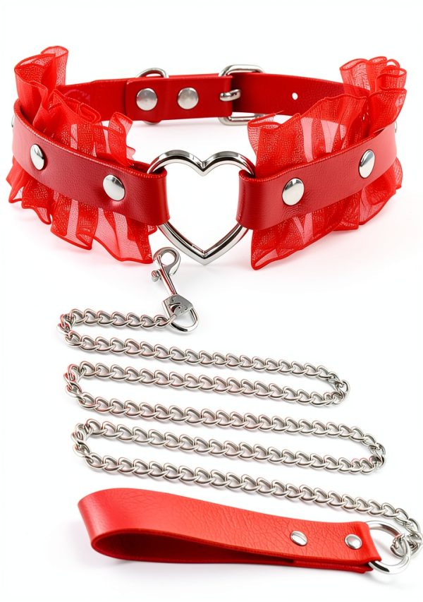 Heart Charm and Lace Edge Red Collar Choker Necklace with Detachable Chain Leash for Dogs Big Cat Pet Cosplay Outfit-0