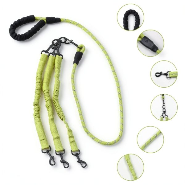 Dog Double Leashes,3-in-1 Pet Leash for Multiple Pets - Heavy Duty Dog Cat Lead with Reflective Stripes, Comfort Grip & Durable Metal Clasps (Green 4 Way)-2