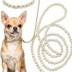 MAYJOYDIY White Pearl Necklace Collar and Beaded Leash for Dog Pet Cat Set, 47.2 inch Beaded Pet Chew-Proof Leash Extension with Alloy Clasp for Small Medium and Large Dogs Pet Supplies-0