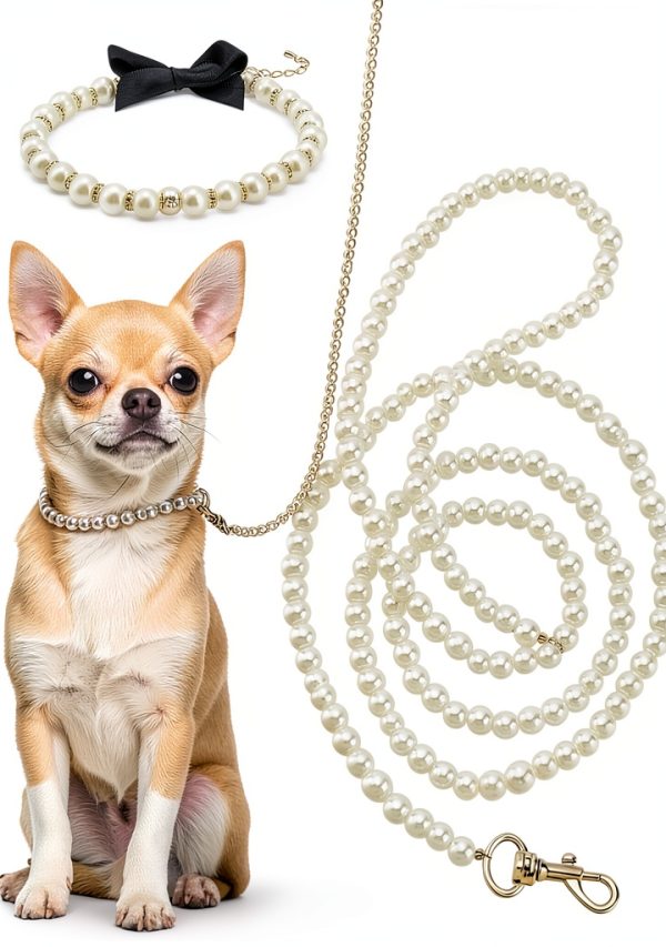 MAYJOYDIY White Pearl Necklace Collar and Beaded Leash for Dog Pet Cat Set, 47.2 inch Beaded Pet Chew-Proof Leash Extension with Alloy Clasp for Small Medium and Large Dogs Pet Supplies-0