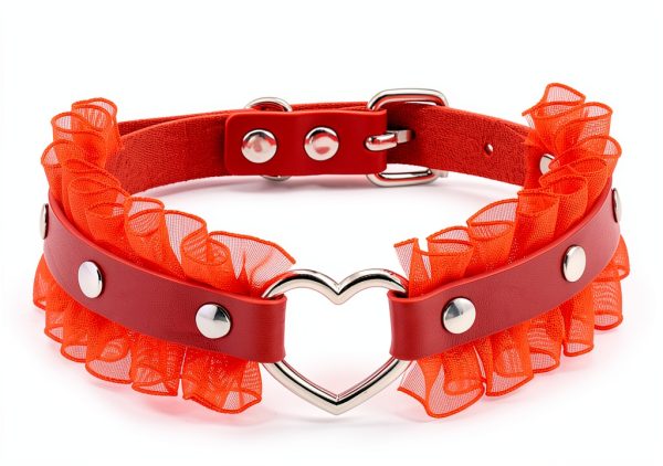 Heart Charm and Lace Edge Red Collar Choker Necklace with Detachable Chain Leash for Dogs Big Cat Pet Cosplay Outfit-5