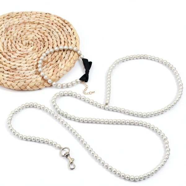 MAYJOYDIY White Pearl Necklace Collar and Beaded Leash for Dog Pet Cat Set, 47.2 inch Beaded Pet Chew-Proof Leash Extension with Alloy Clasp for Small Medium and Large Dogs Pet Supplies-3