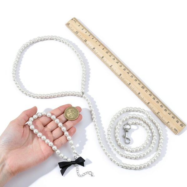 MAYJOYDIY White Pearl Necklace Collar and Beaded Leash for Dog Pet Cat Set, 47.2 inch Beaded Pet Chew-Proof Leash Extension with Alloy Clasp for Small Medium and Large Dogs Pet Supplies-2